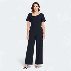Adrianna Papell Elegant Jumpsuit Navy Blue Draped Asymmetrical Neckline Wide Leg